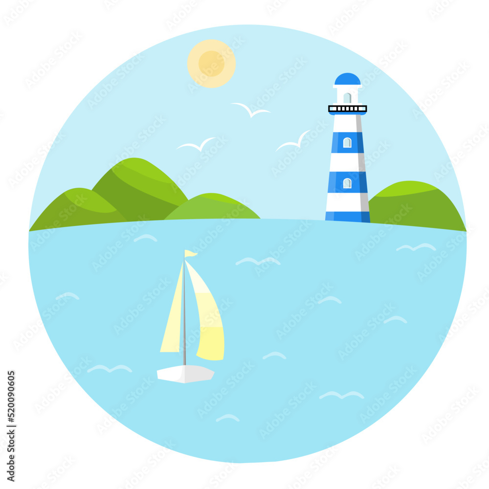Naklejka premium Vector illustration with lighthouse, sea, ship and sky. Beautiful landscape with sailboat at sea. Summer season. Marine navigation in circle logo. Cartoon flat illustration
