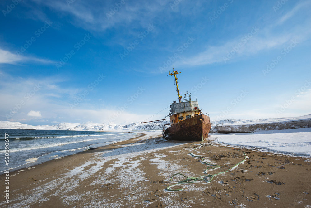 Ship Teriberka, Barents Sea bay. Kola Peninsula. Russia