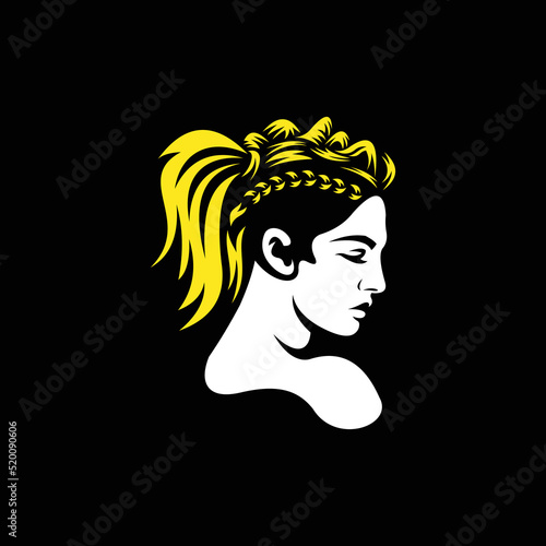 Beautiful girl with fashionable ornamental hairstyle. Design element for logo