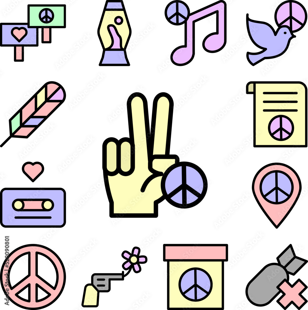 Hand, peace icon in a collection with other items Hand, peace icon in a collection with other items