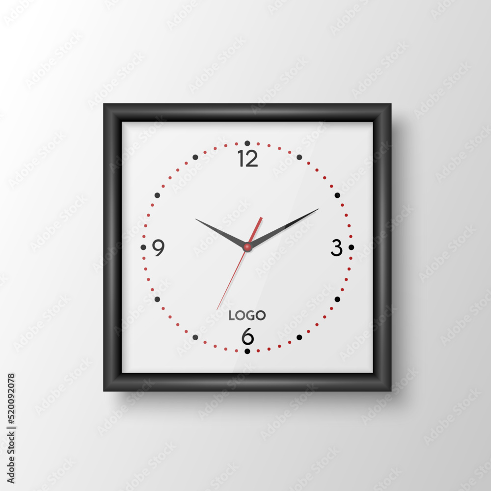 Vector 3d Realistic Square Wall Office Clock with Black Frame, Design Template Isolated on White. Dial with Roman Numerals. Mock-up of Wall Clock for Branding and Advertise Isolated. Clock Face Design Vector 3d Realistic Square Wall Office Clock with Black Frame, Design Template Isolated on White. Dial with Roman Numerals. Mock-up of Wall Clock for Branding and Advertise Isolated. Clock Face Design