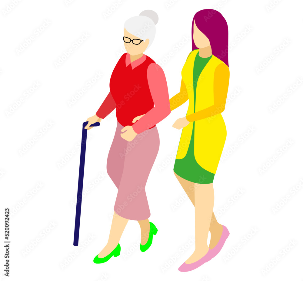 girl helps the old woman cross, young girl, grandmother, isolated girl helps the old woman cross, young girl, grandmother, isolated