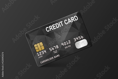 Vector 3d Realistic Black Credit Card on Black Backgrouns. Design Template of Plastic Credit or Debit Card. Credit Card Payment Concept. Front View