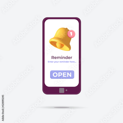 3d vector smartphone with reminder symbol design. Yellow bell with red new message notification icon. Alert message, time and task management, calendar, error, new unread email, 