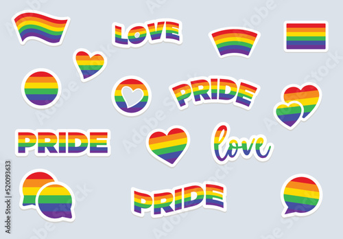 LGBT icons, stickers. Love, pride, heart, flag. Rainbow colors