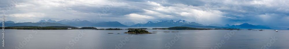 Panorama view of the landscape near Molde Møre og Romsdal at Sunnylvsfjorden near Geirangerfjorden in Norway (Norwegen, Norge or Noreg)