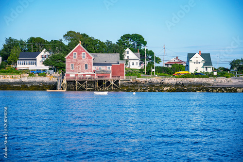 sailboats anchored in a bay of Maine coast fishing port, Bailey Island