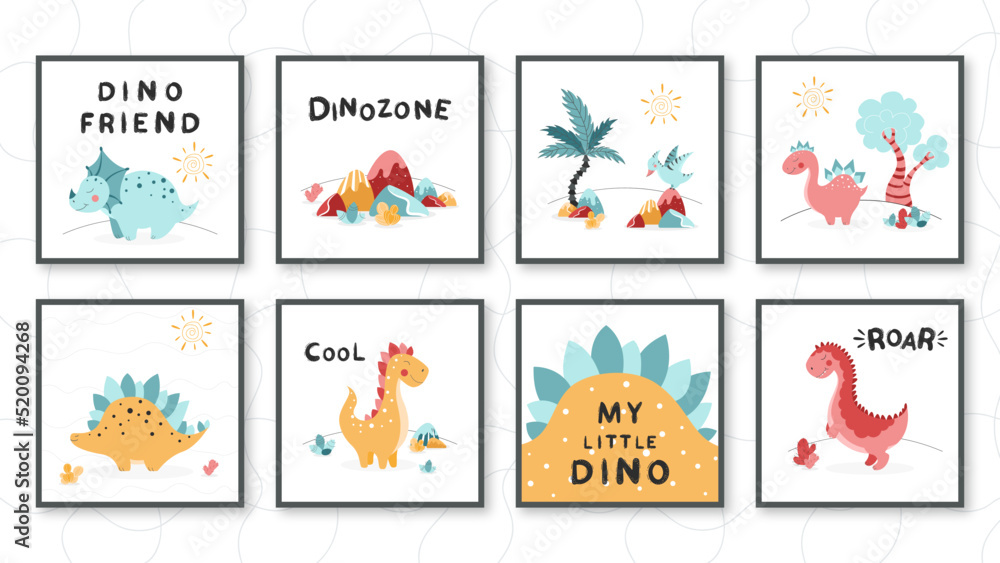Set of dinosaur prints, dinosaur holes, ready-made dinosaur banners, set of vector isolated dinosaurs on white background, cute dinosaurs, dinosaurs for kids, dinosaurs