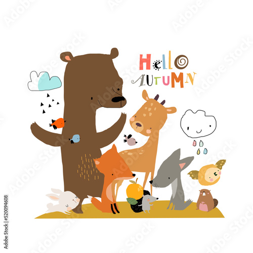 Group of Cartoon Animals meeting Autumn on White Background