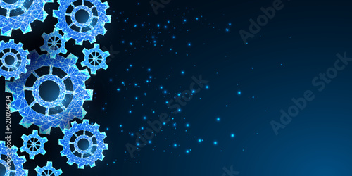 Gears, cog wheels futuristic concept banner with cope space for text on dark blue background. 