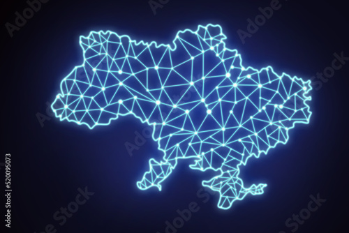 The contour of the borders of the territory of Ukraine with neon light on a dark background. Abstract blue neon map of Ukraine