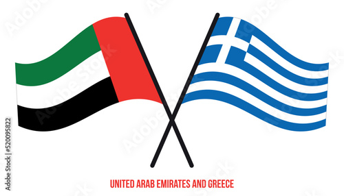 United Arab Emirates and Greece Flags Crossed And Waving Flat Style. Official Proportion.