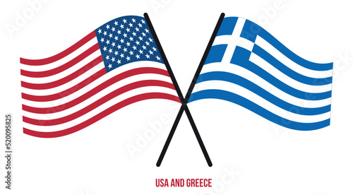 USA and Greece Flags Crossed And Waving Flat Style. Official Proportion. Correct Colors.