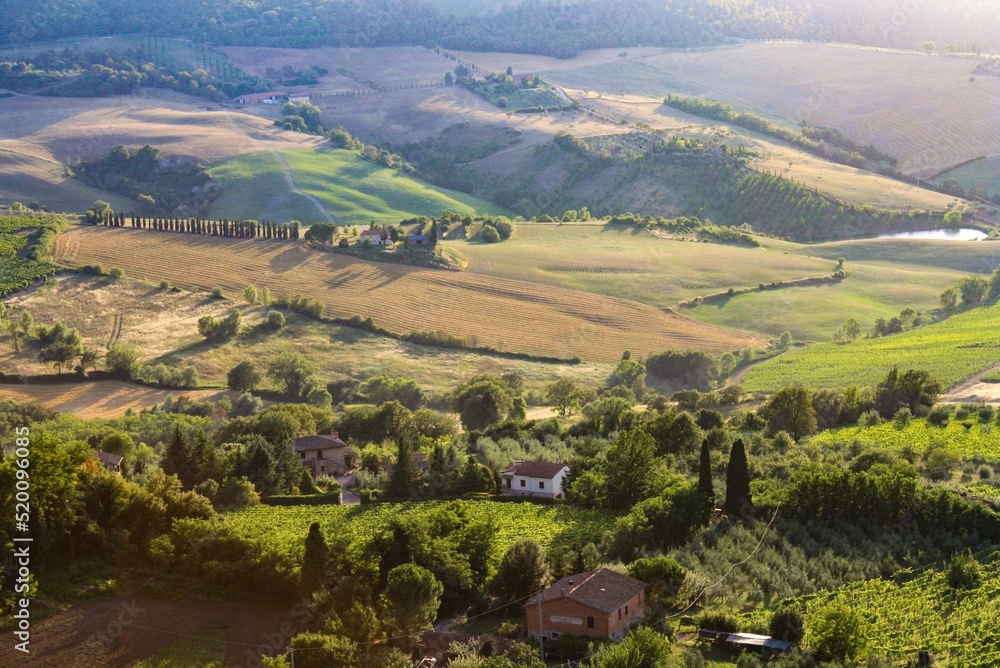 
Tuscany landscape at sunrise. Typical for the Tuscan region farmhouse, hills, vineyard. Italy