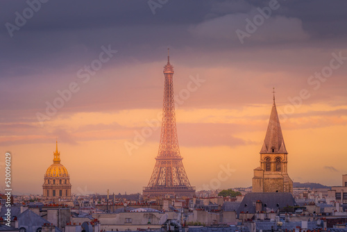 Eiffel tower view from Montparnasse at sunset from above  Paris  France