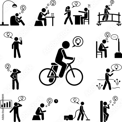 Man have idea on bicycle icon in a collection with other items