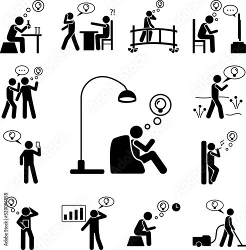 Think, idea, man icon in a collection with other items