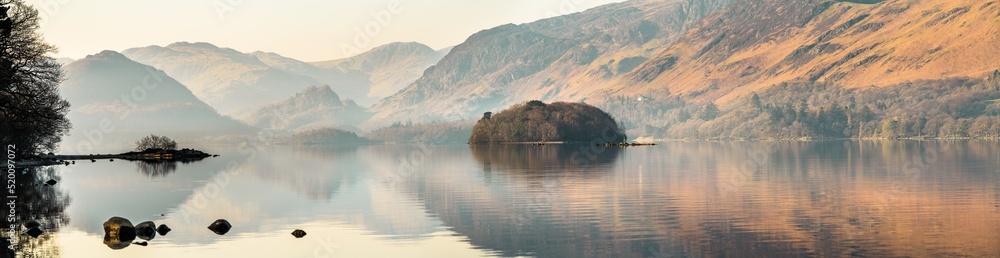 Derwentwater lake panorama with reflections in Lake District, Cumbria. England