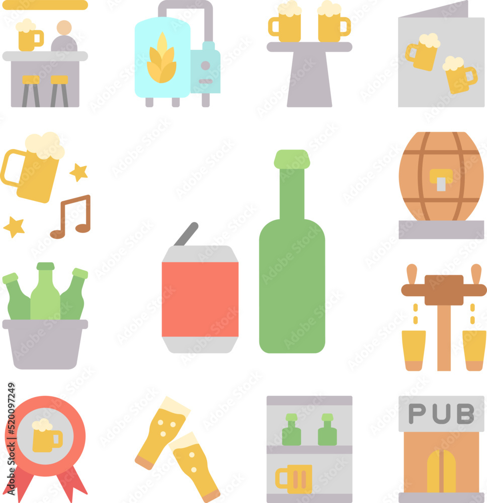 Beer can, beer bottle icon in a collection with other items Beer can, beer bottle icon in a collection with other items