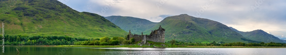 Panorama of The ruins of Kilchurn castle on Loch Awe the longest fresh water loch in Scotland