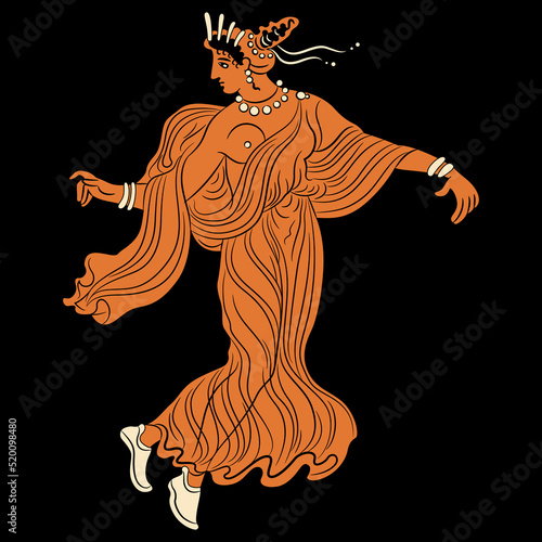 Ancient Greek woman or goddess dancing or flying. Vase painting style. On black background.