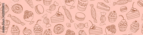 Seamless pattern with sweet pastry food. Hand drawn doodles. Vector illustration.