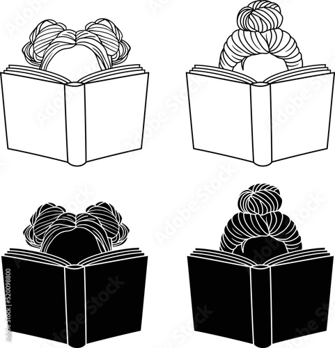 Girl / Woman Reading a Book Clipart Set - Outline and Silhouette