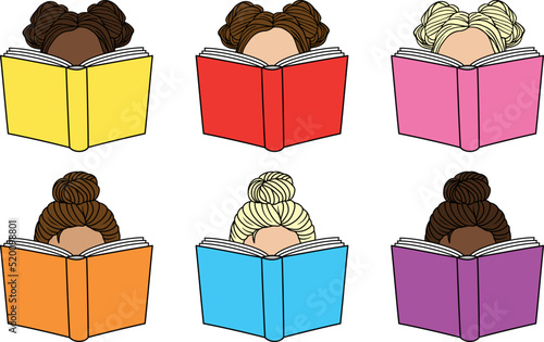 Girl / Woman Reading a Book Clipart Set - Colored