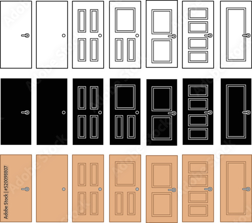 Interior Wood Door Clipart Set - Outline, Silhouette and Color