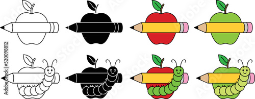 School Apple and Pencil Label Clipart Set - Outline, Silhouette and Color