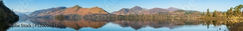 Derwentwater lake panorama with reflections in Lake District, Cumbria. England