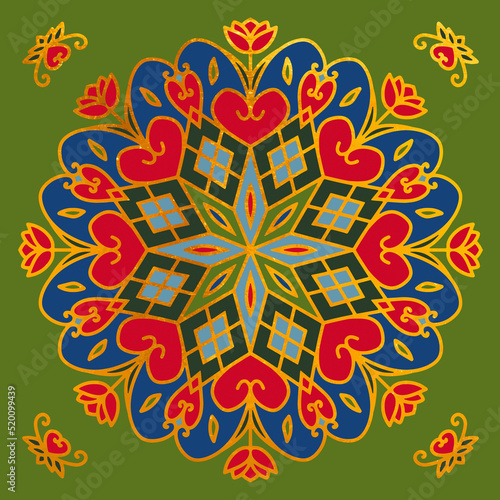 Golden floral mandala with flowers, hearts, folk and geometric elements. Ethnic vintage ornament on a green background. Seamless pattern for the tile