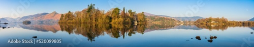 Derwentwater lake panorama with reflections in Lake District  Cumbria. England
