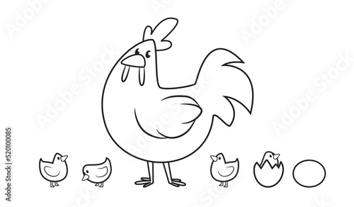 Chicken and chicks BW vector farm animal mom and baby egg