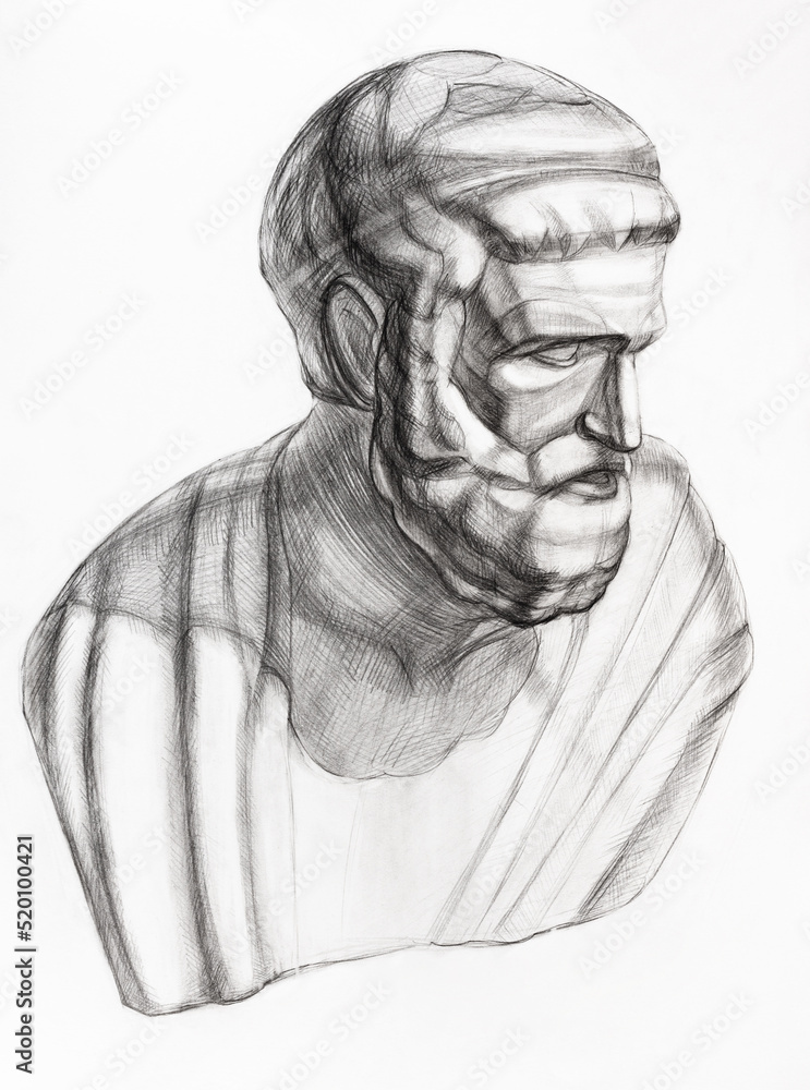 study drawing of plaster bust of Sophocles hand-drawn by graphite pencil on white paper study drawing of plaster bust of Sophocles hand-drawn by graphite pencil on white paper