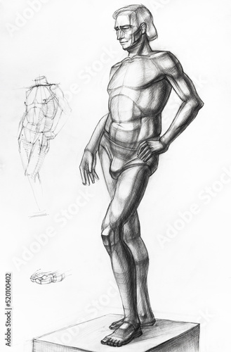 sketch and drawing of man standing on podium hand-drawn by black pencil on white paper