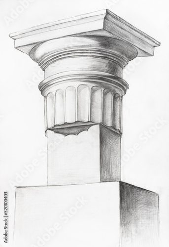 academic drawing of Doric capital hand-drawn by black pencil on white paper