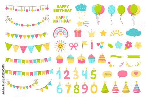 Set of vector birthday party elements. Cute collection of balloons, flags, cake, gift boxes, cupcakes, garlands and hats. Birthday greeting party elements