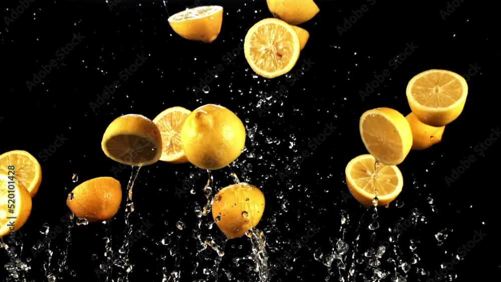 Pieces of juicy lemons with splashes of water fly up and fall down. On a black background. Filmed is slow motion 1000 fps. Pieces of juicy lemons with splashes of water fly up and fall down. On a black background. Filmed is slow motion 1000 fps.
