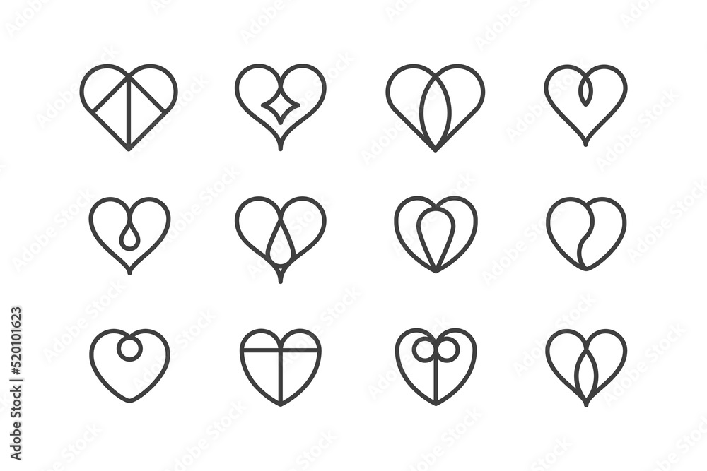 Heart symbol. Set of 12 geometric shape. Modern linear design sign. Modern abstract linear shape and trendy decor elements. Heart symbol. Set of 12 geometric shape. Modern linear design sign. Modern abstract linear shape and trendy decor elements.