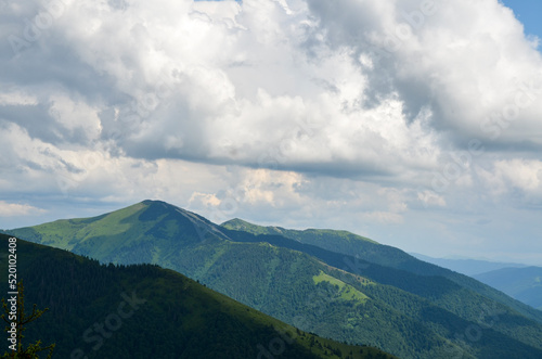 Grassy hills with beech forests under the gorgeous cloudscape. Beautiful landscape of mountain ridge of Carpathians  Ukraine 