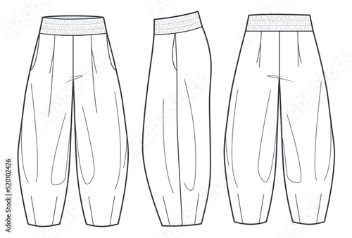 Linen Pants Balloon fashion flat technical drawing template.  Harem pants, elastic waistband, owersize, pockets, women, men, unisex, front, back, side view, white, CAD mockup.