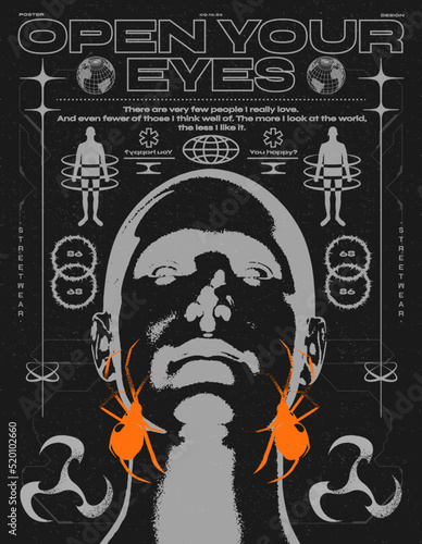 Retro futuristic poster with human head . Abstract horror print with noise, for streetwear, print for t-shirts and sweatshirts on a black background