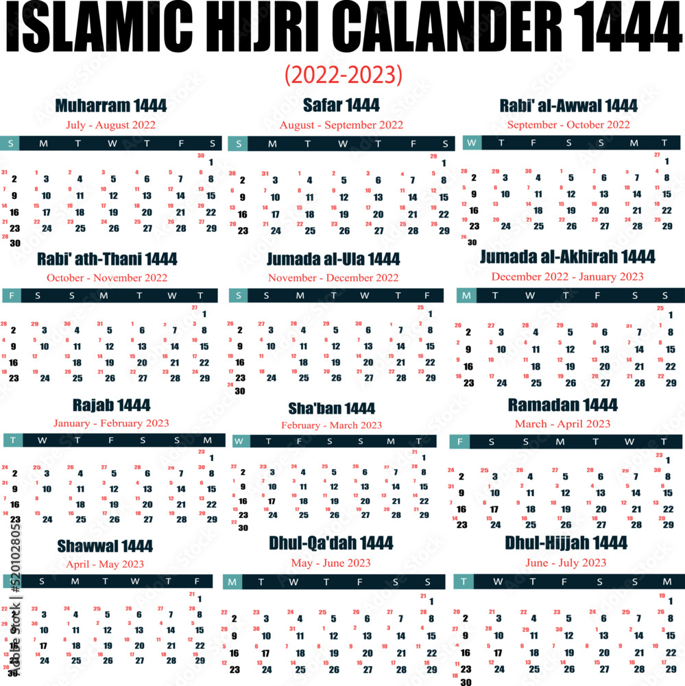 Hijri islamic calendar 2022. From 1443 to 1444 vector celebration template with the week starting on Sunday on a simple background. Flat minimal desk .translation (Islamic New Year 1444 ) Stock Vector | Adobe Stock Hijri islamic calendar 2022. From 1443 to 1444 vector celebration template with the week starting on Sunday on a simple background. Flat minimal desk .translation (Islamic New Year 1444 ) Stock Vector | Adobe Stock