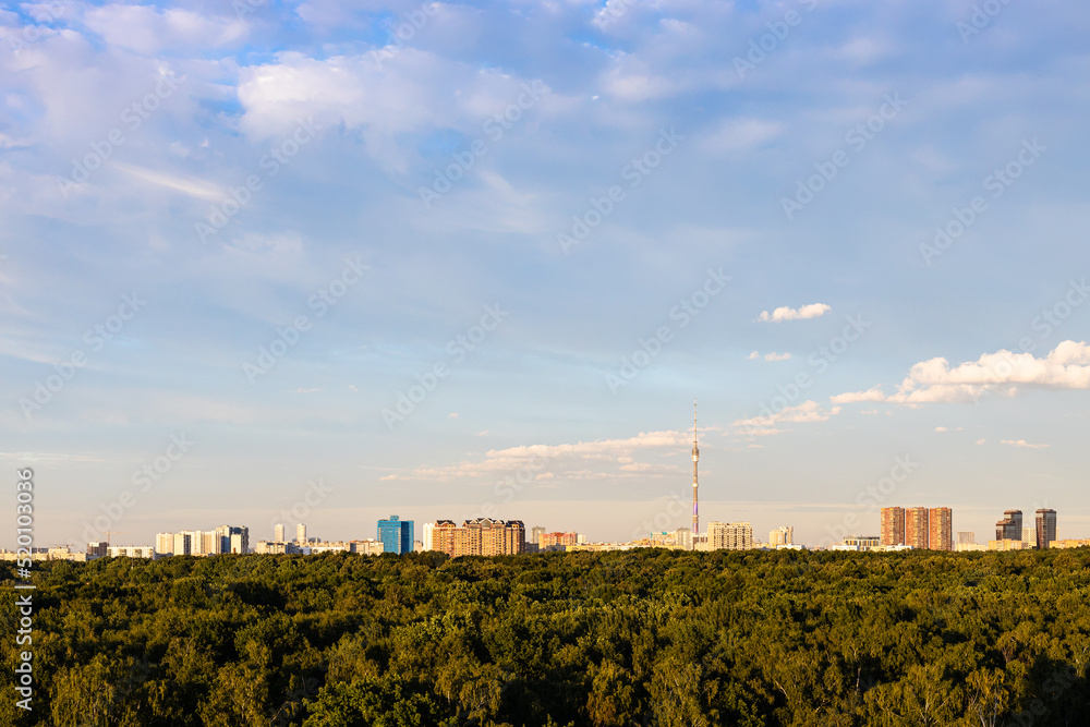 above view of big city park and apartment houses on horizon at summer sunset above view of big city park and apartment houses on horizon at summer sunset