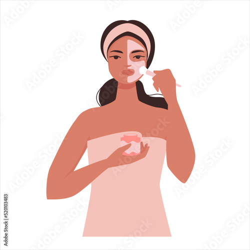 Cute girl puts beauty mask on as a part of skin care treatment. Moisturizing to get healthy glowing look. Vector illustration isolated on white background. 