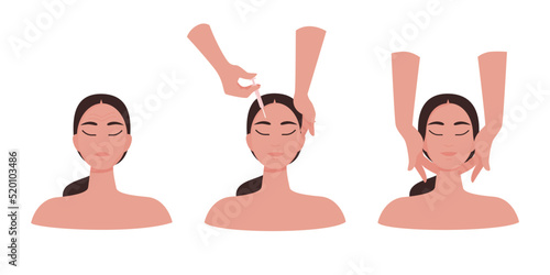 Infographic of cosmetology injections. Hands of a cosmetologist make injection of botox for lifting anti wrinkling effect. Vector illustration of beauty skin care treatment.