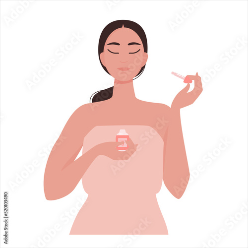 Cute girl applies serum as a part of skin care routine. Holding beauty product in one hand and ready to put on treatment with the other. Vector illustration isolated on white background. 