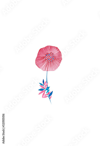 Stylized pink flower with leaves. Watercolor illustration.