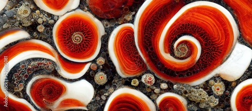 Beautiful alternative decorative rock art. Fossilized autumn red and ammonite orange tones of fall mixed with abstract flower swirls and agate stone lines. Modern art from prehistoric times.  photo